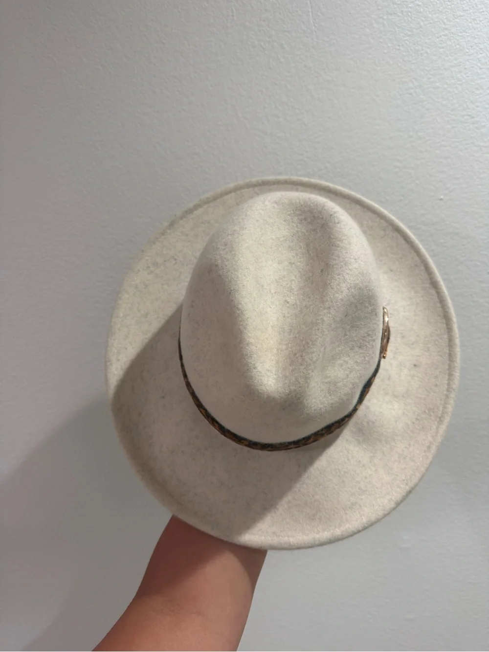 Cream Felt Fedora Hat with Leopard Band